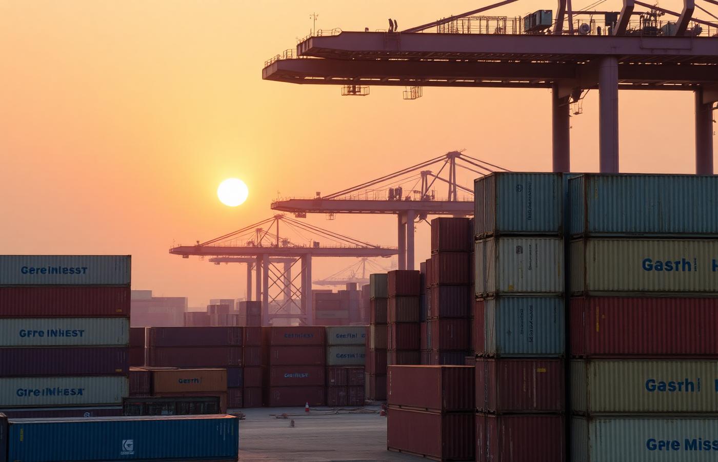 Cargo containers at an Indian port at sunrise