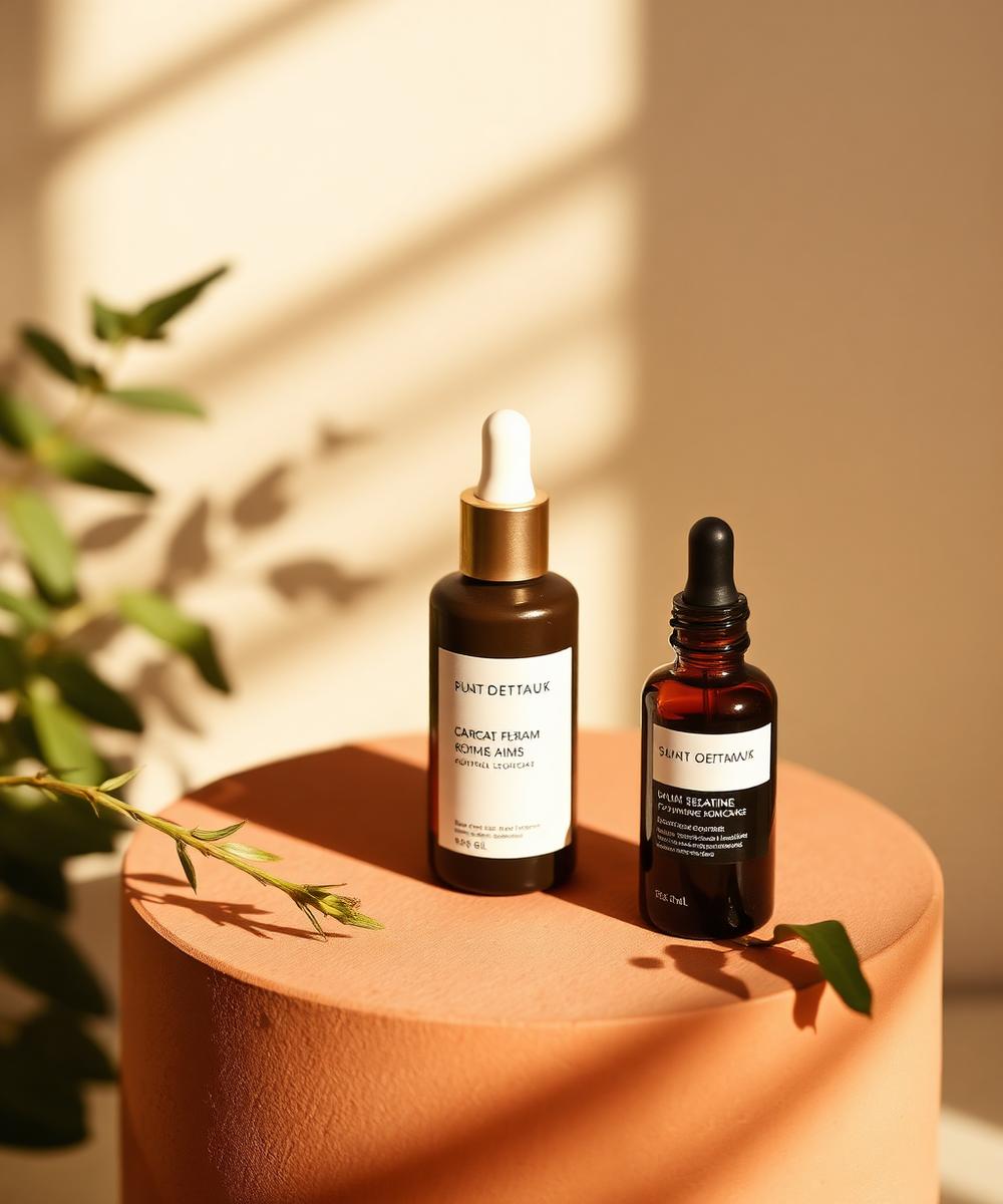 Skincare serum bottles on a terracotta plinth