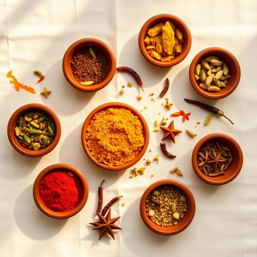 Indian spices in terracotta bowls