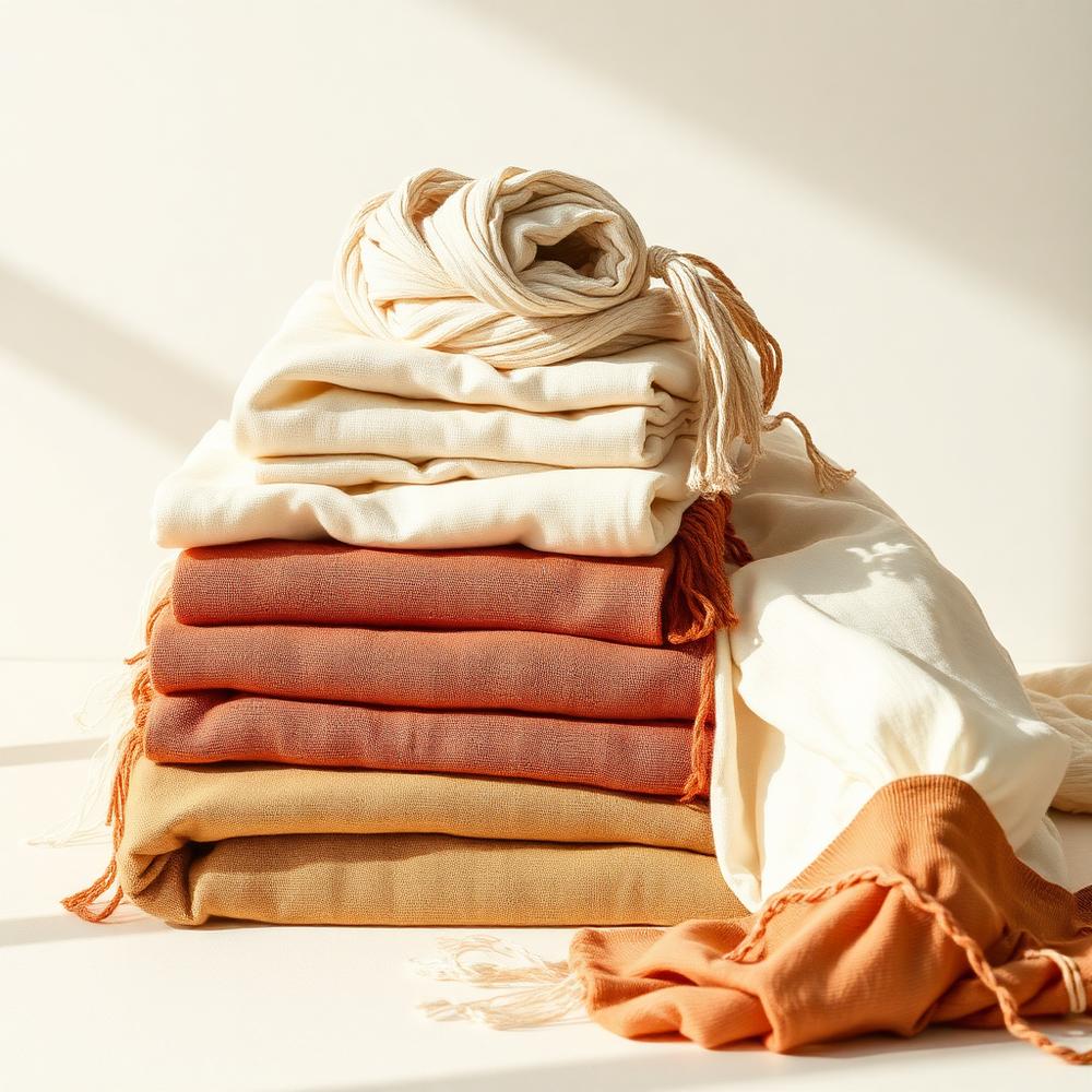 Folded handwoven textiles in warm tones